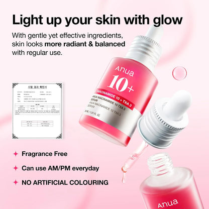 ANUA Niacinamide 10% + TXA 4% Serum bottle and dropper with fragrance-free and no artificial color highlights.