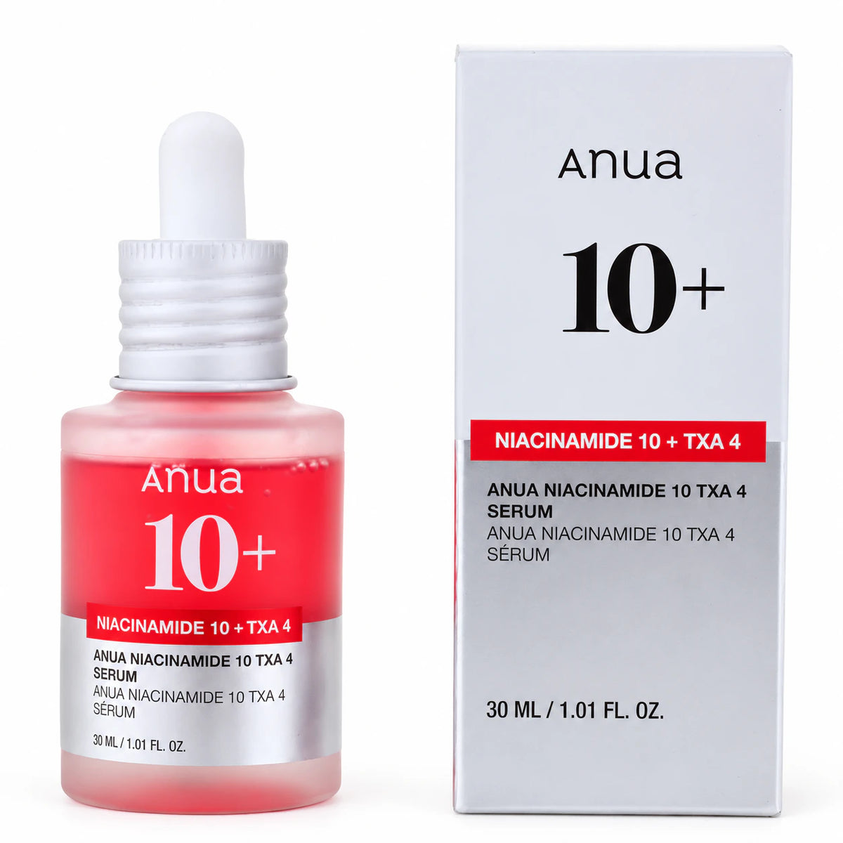ANUA Niacinamide 10% + TXA 4% Serum 30ml bottle beside its silver carton on a white background.