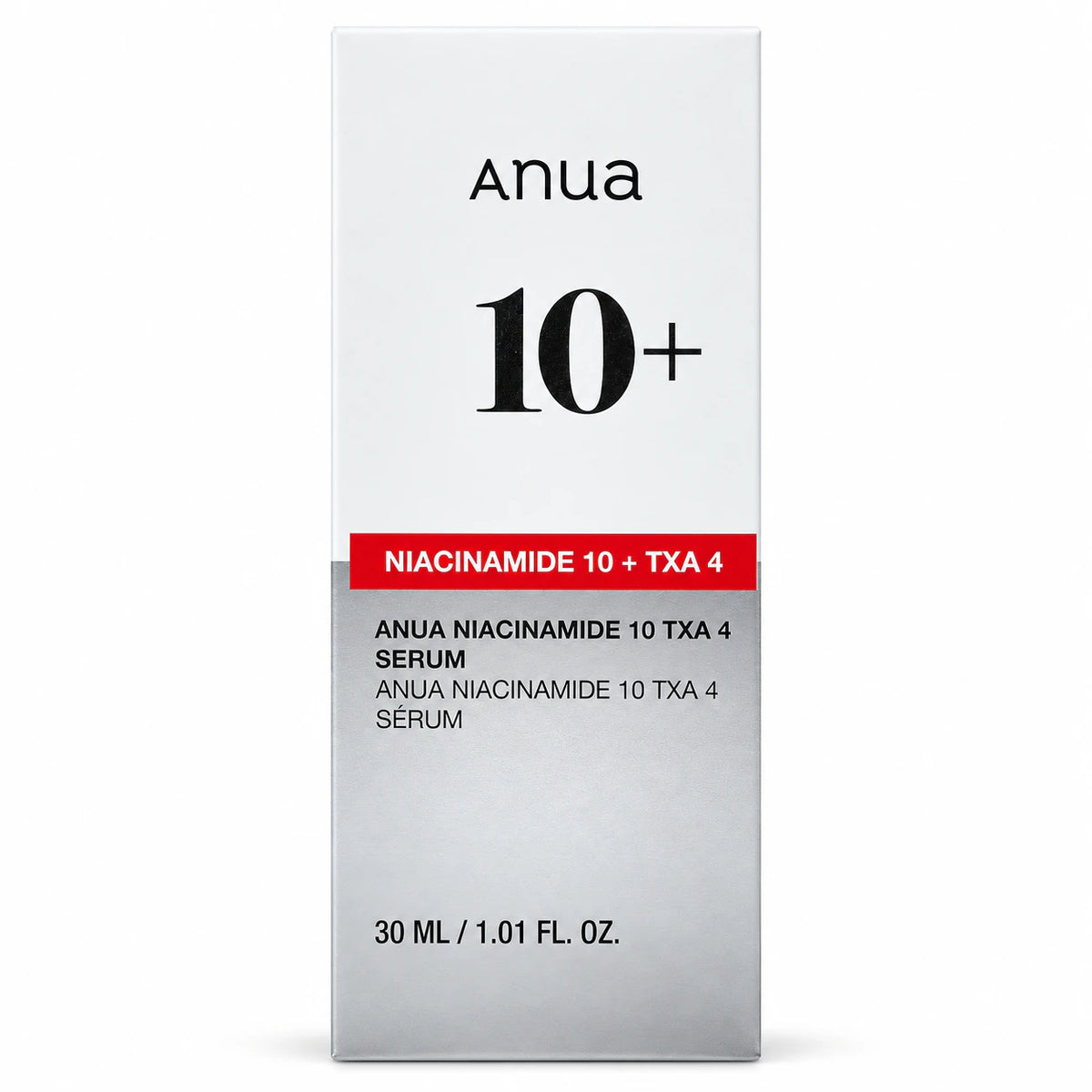 ANUA Niacinamide 10% + TXA 4% Serum 30ml silver carton front showing the product name and size.