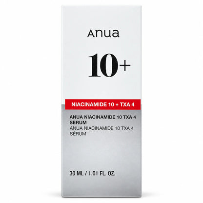 ANUA Niacinamide 10% + TXA 4% Serum 30ml silver carton front showing the product name and size.