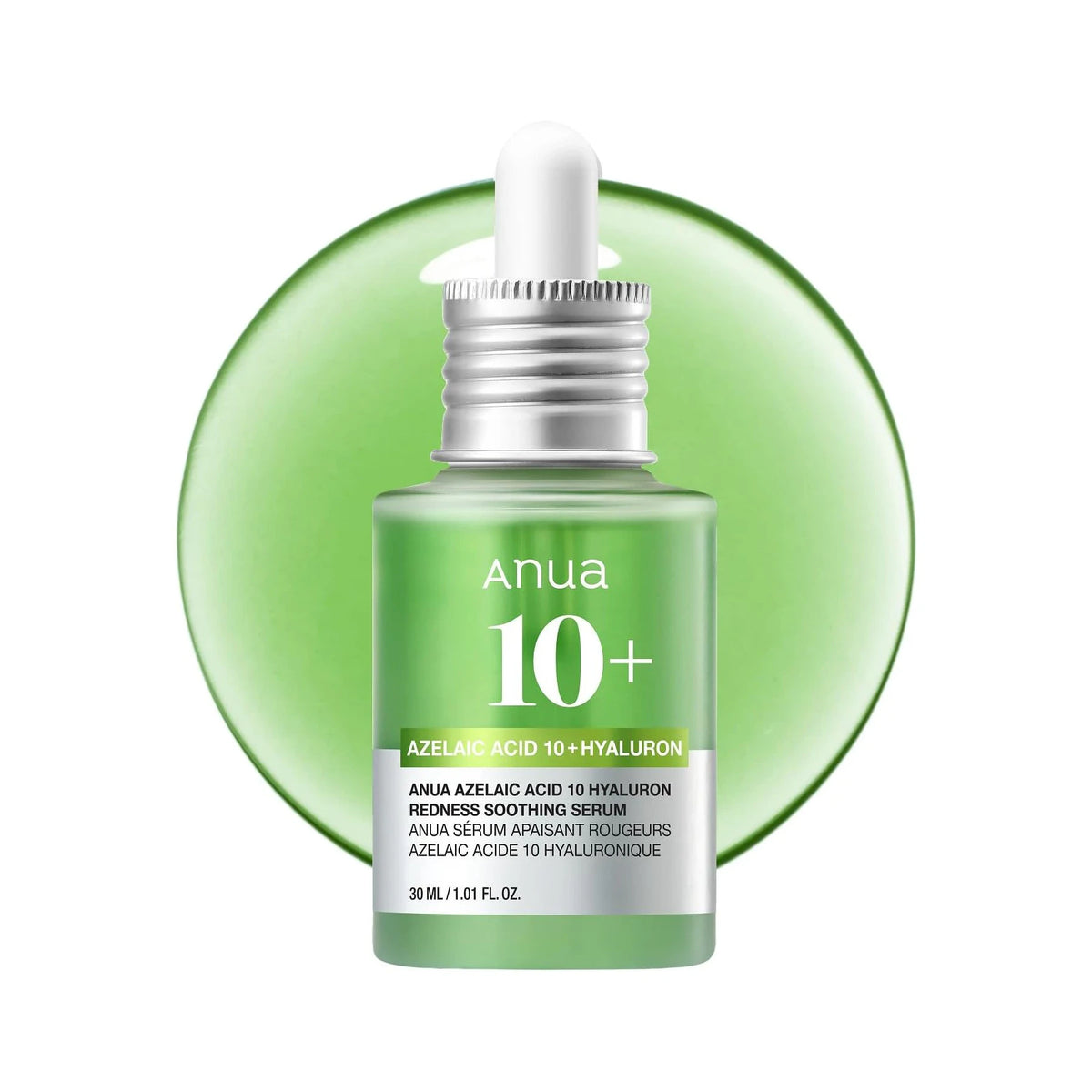 ANUA Azelaic Acid 10 Hyaluron Redness Soothing Serum, 30 ml bottle on a white background