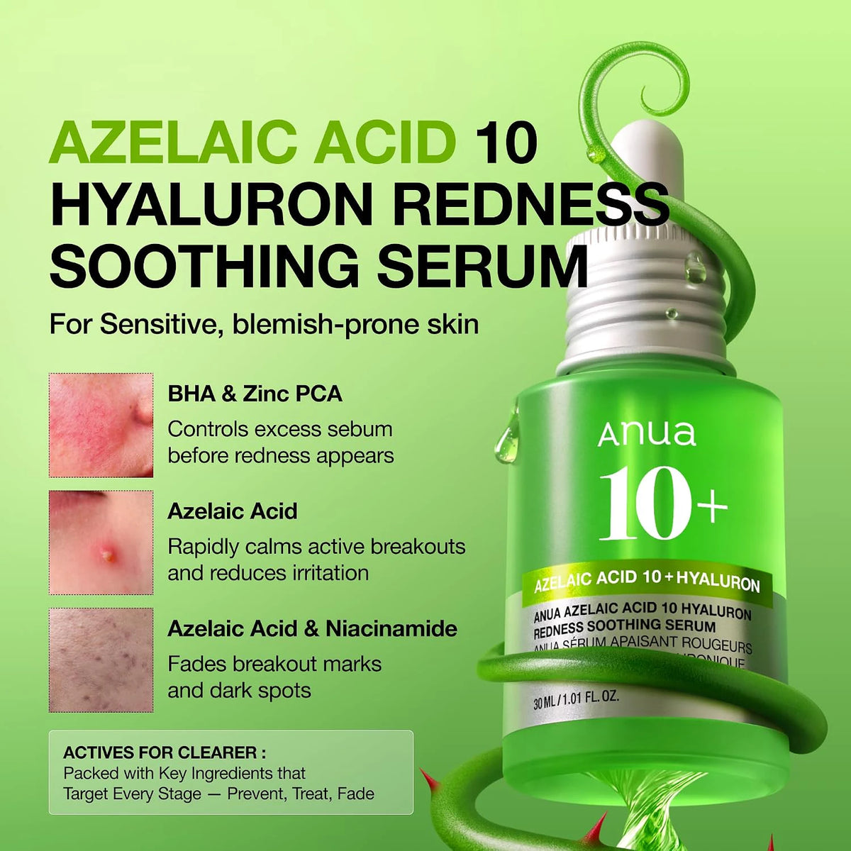 ANUA Azelaic Acid 10 Hyaluron Redness Soothing Serum benefits graphic featuring azelaic acid, BHA, zinc PCA, and niacinamide