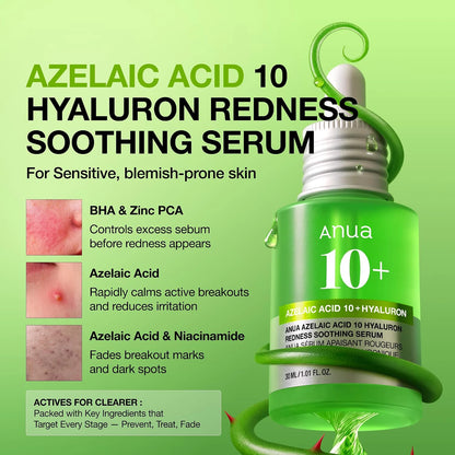 ANUA Azelaic Acid 10 Hyaluron Redness Soothing Serum benefits graphic featuring azelaic acid, BHA, zinc PCA, and niacinamide