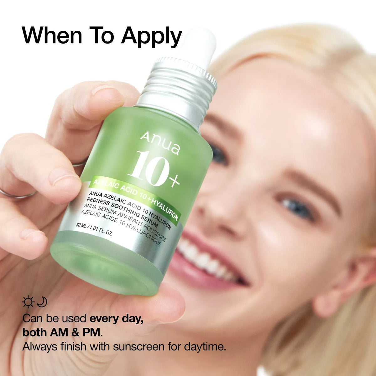ANUA Azelaic Acid 10 Hyaluron Redness Soothing Serum when to apply graphic with model