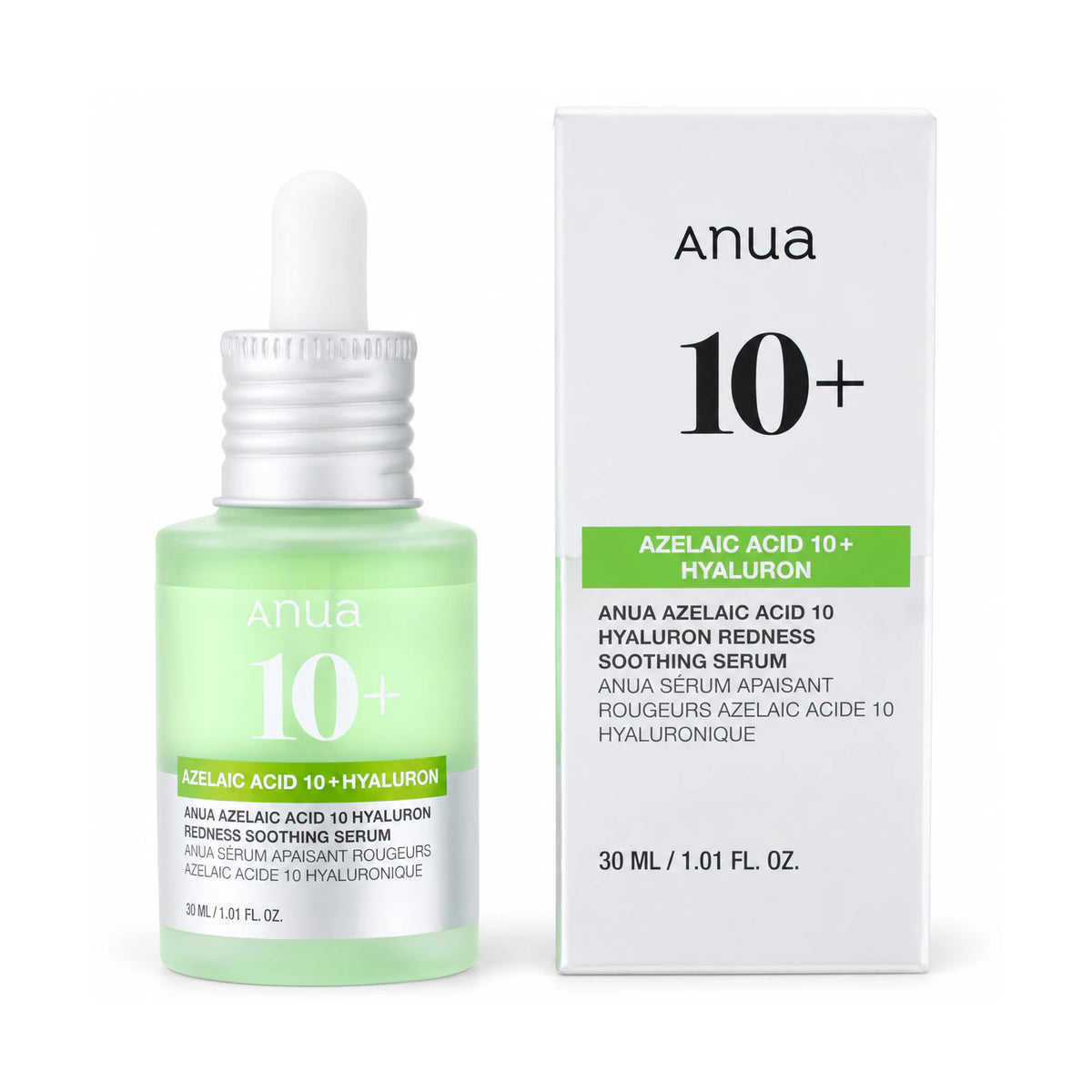 ANUA Azelaic Acid 10 Hyaluron Redness Soothing Serum bottle and box on white background