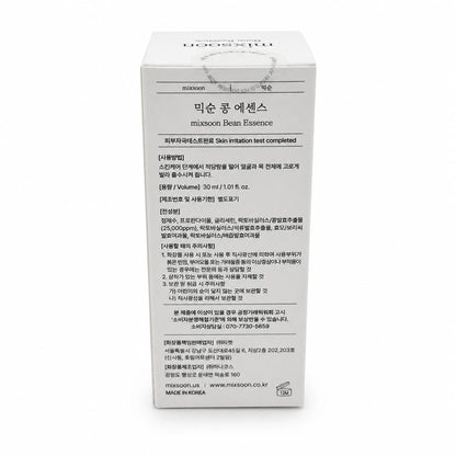 Back of mixsoon Bean Essence 30 ml box showing directions, ingredients, and volume information.