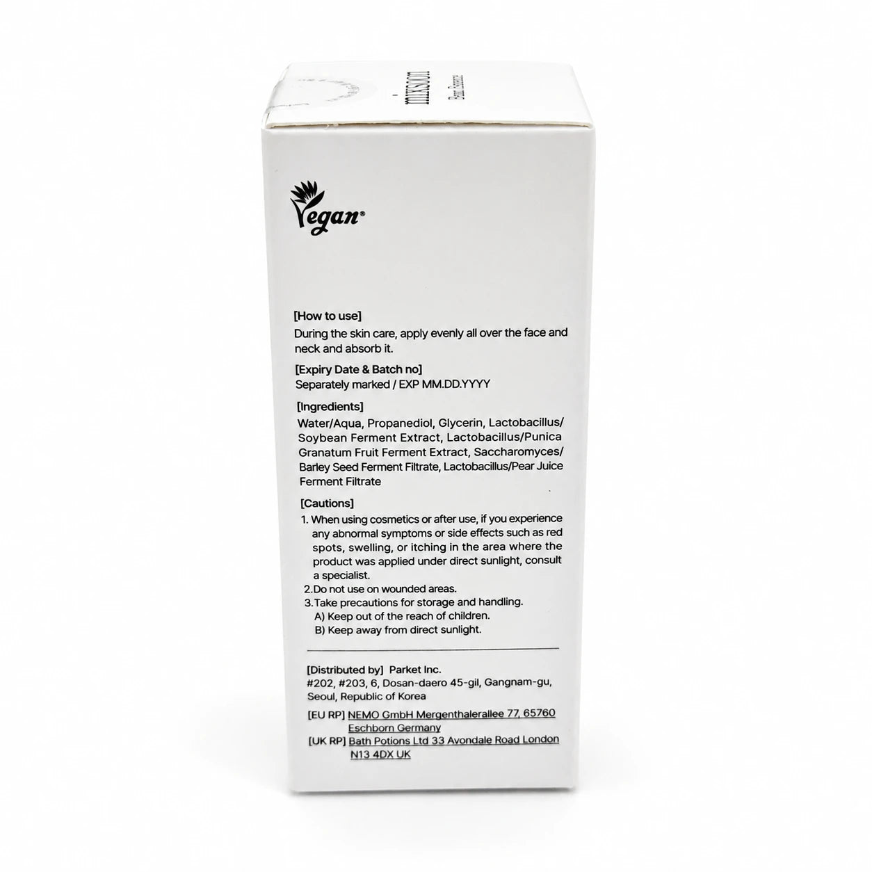 mixsoon Bean Essence 30 ml box panel showing vegan mark, directions, ingredients, and cautions.