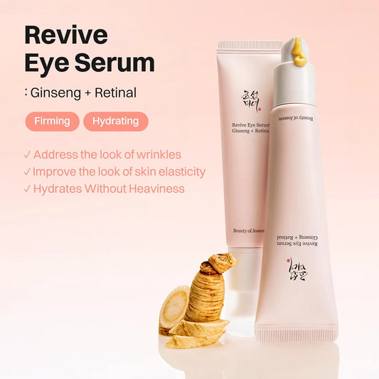 Beauty of Joseon Revive Eye Serum Ginseng + Retinal 30ml firming and hydrating benefits panel with pink tubes and ginseng root.