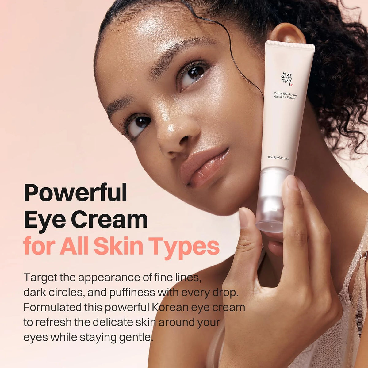 Beauty of Joseon Revive Eye Serum Ginseng + Retinal 30ml model holding a pink tube beside an eye-care graphic for all skin types.