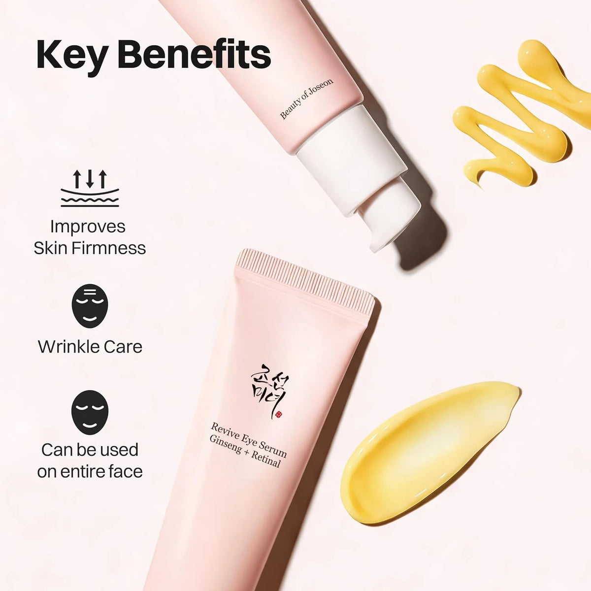 Beauty of Joseon Revive Eye Serum Ginseng + Retinal 30ml key benefits panel highlighting firmness, wrinkle care and use on the face.