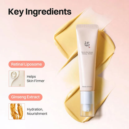 Beauty of Joseon Revive Eye Serum Ginseng + Retinal 30ml key ingredients panel featuring retinal liposomes and ginseng extract.