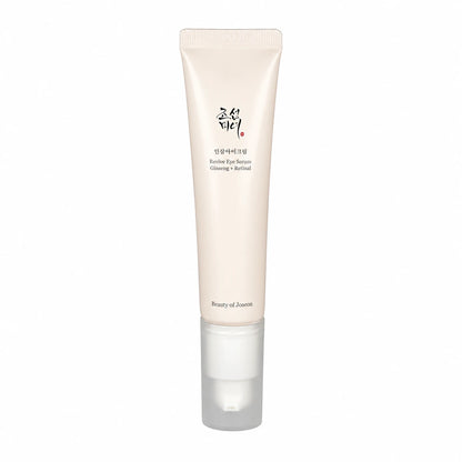 Beauty of Joseon Revive Eye Serum Ginseng + Retinal 30ml front view of the pink pump tube on white.