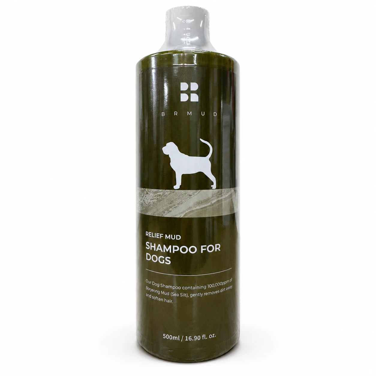 A 500ml bottle of Bamyud Relief Mud Shampoo for Dogs, featuring a dark olive green bottle with a white dog silhouette and text, set against a plain white background.