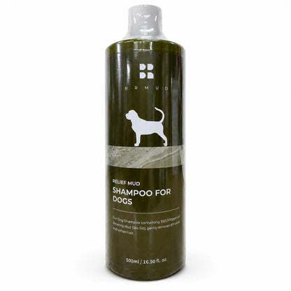 A 500ml bottle of Bamyud Relief Mud Shampoo for Dogs, featuring a dark olive green bottle with a white dog silhouette and text, set against a plain white background.