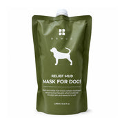 An olive green stand-up pouch of BRMUD Relief Mud Mask for Dogs with a white spout cap, shown on a clean white background.