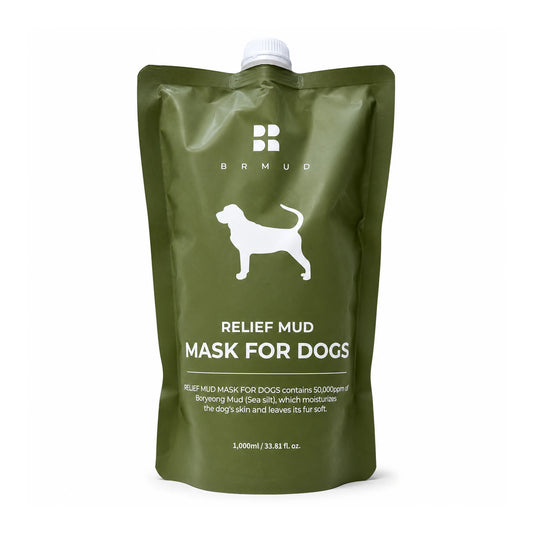An olive green stand-up pouch of BRMUD Relief Mud Mask for Dogs with a white spout cap, shown on a clean white background.