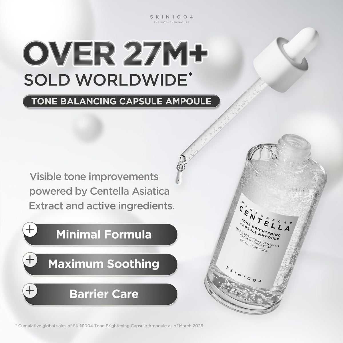 SKIN1004 Tone Brightening Capsule Ampoule banner with a 100ml bottle and reported worldwide sales of over 27 million.