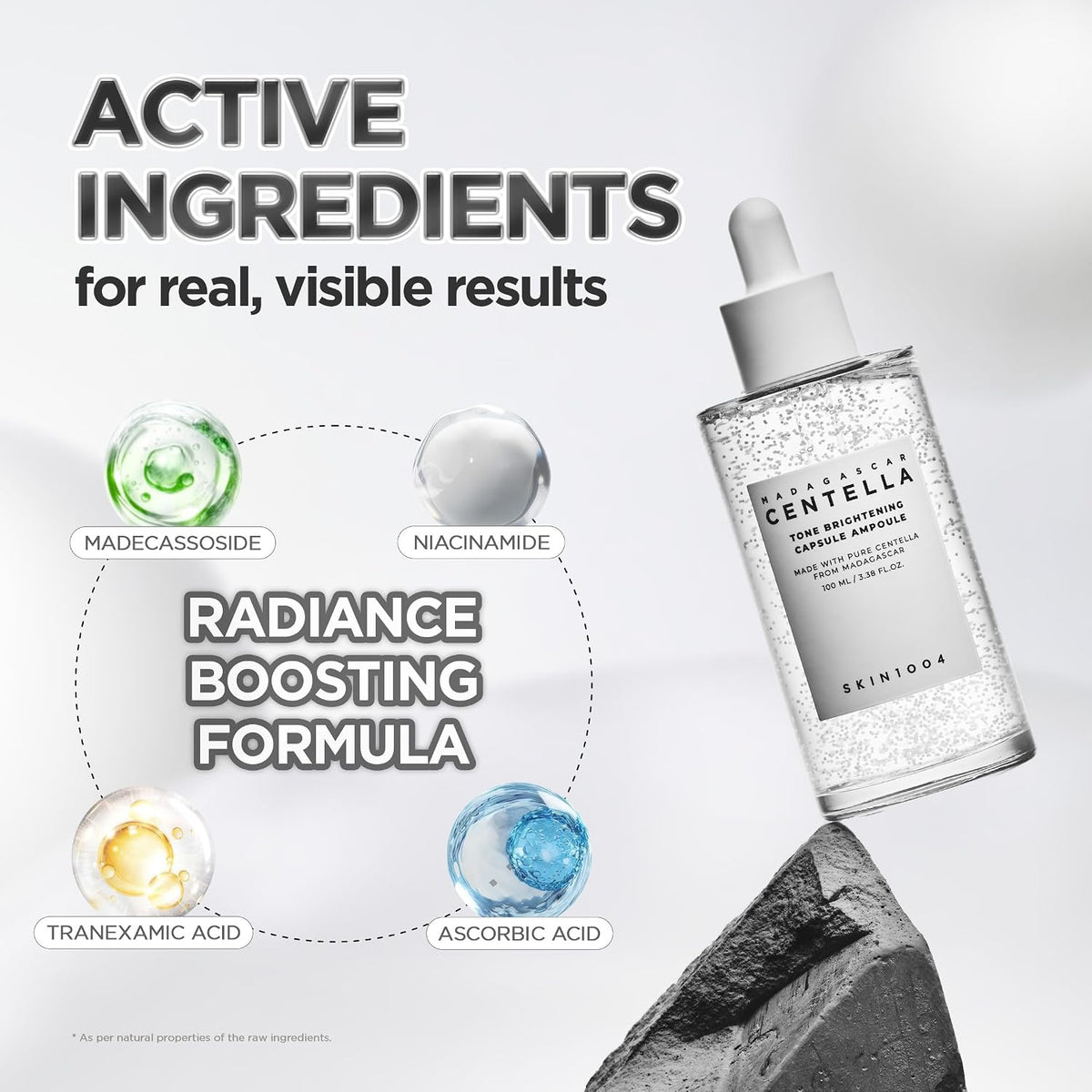 Ingredient graphic naming madecassoside, niacinamide, tranexamic acid and ascorbic acid beside a 100ml ampoule bottle.