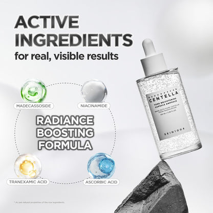 Ingredient graphic naming madecassoside, niacinamide, tranexamic acid and ascorbic acid beside a 100ml ampoule bottle.