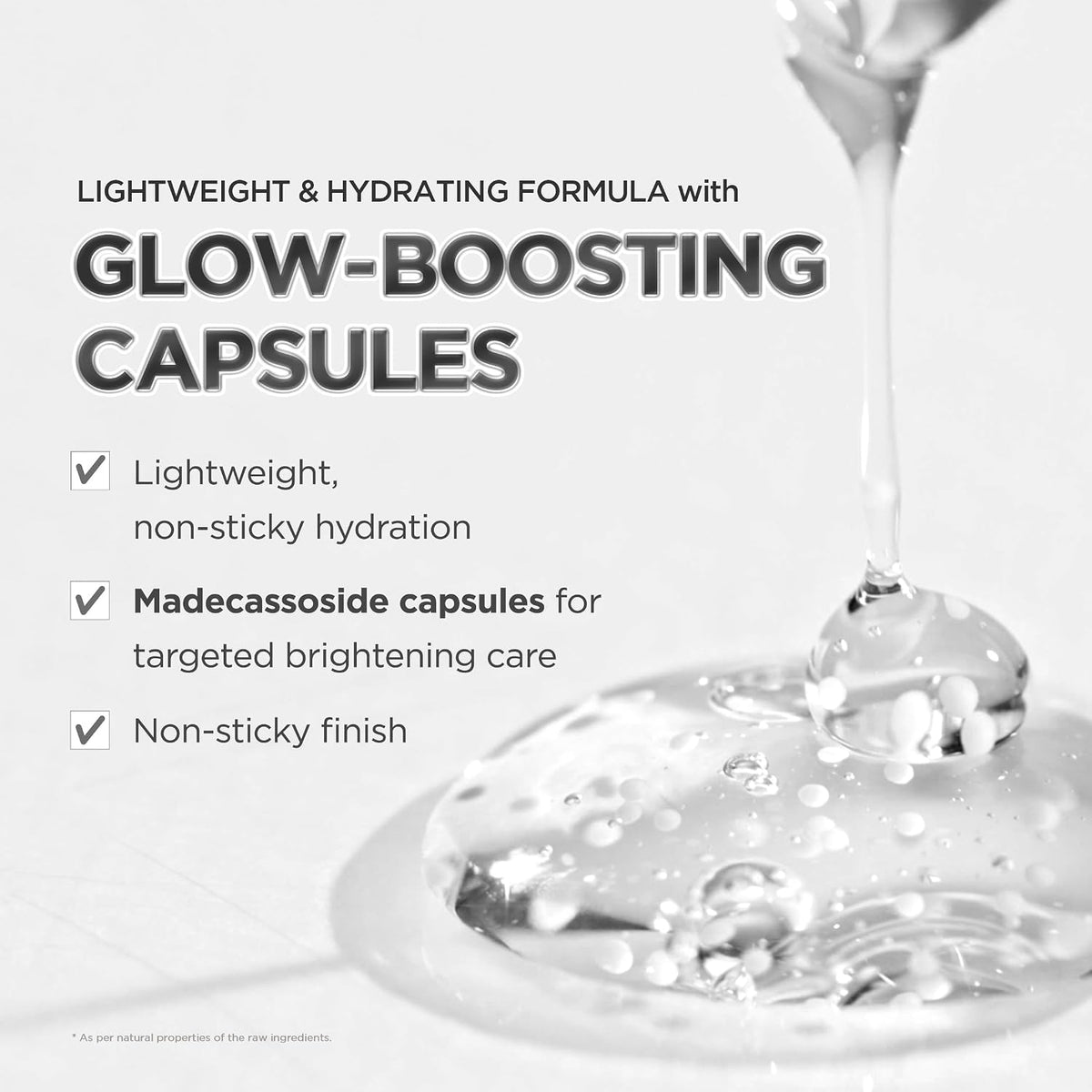 SKIN1004 ampoule texture with clear serum and white madecassoside capsules, described as lightweight, hydrating and non-sticky.