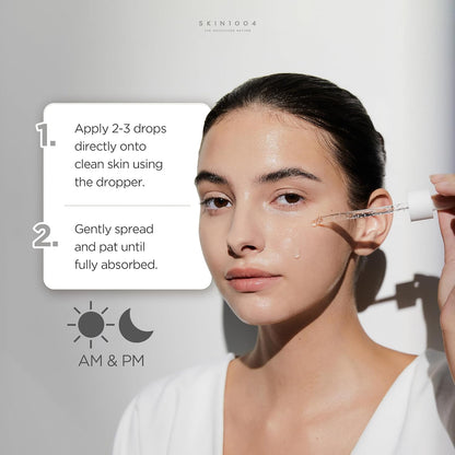 Model applies SKIN1004 ampoule with a dropper; directions show two to three drops, then gently spreading and patting.