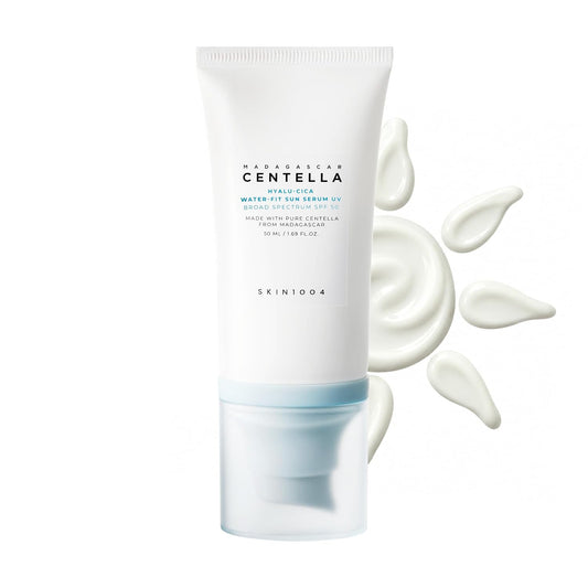 SKIN1004 Madagascar Centella Hyalu-Cica Water-Fit Sun Serum UV SPF 50 50ml pump tube with white sunscreen swatches.