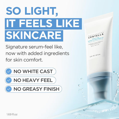 SKIN1004 Hyalu-Cica Sun Serum UV texture graphic highlighting lightweight wear, no white cast and a non-greasy finish.