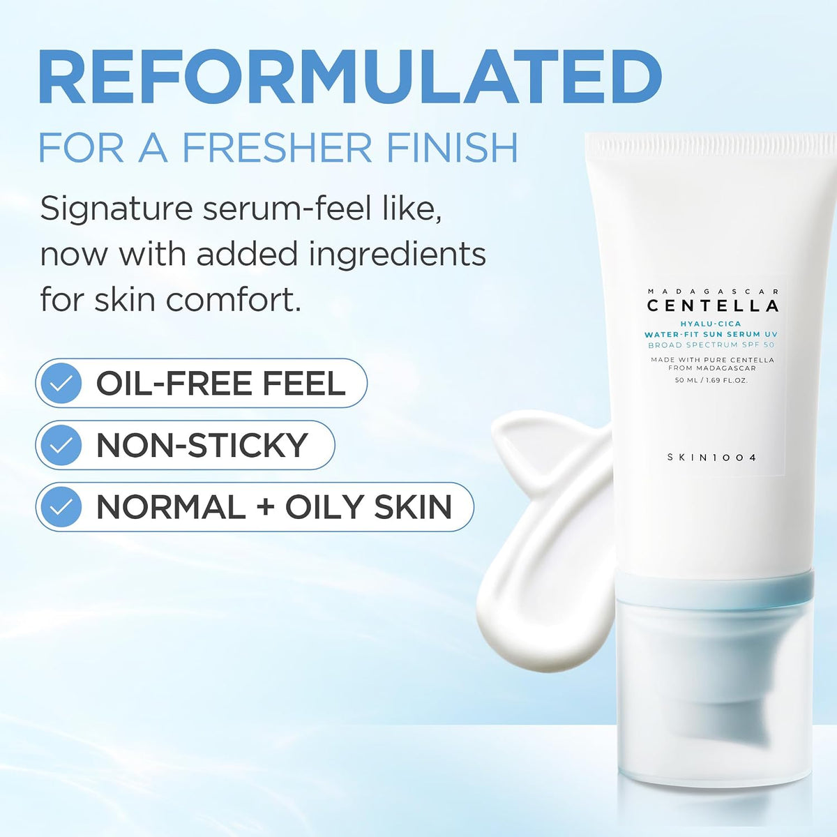 Reformulated SKIN1004 Hyalu-Cica Sun Serum UV tube and cream swatch, highlighting a light, non-sticky feel.