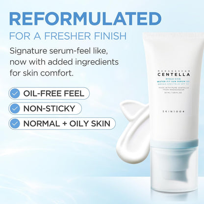 Reformulated SKIN1004 Hyalu-Cica Sun Serum UV tube and cream swatch, highlighting a light, non-sticky feel.