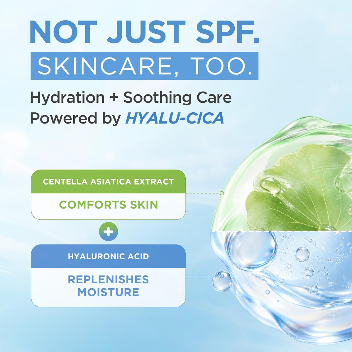 Centella asiatica and hyaluronic acid chart describing soothing care and moisture in SKIN1004 Hyalu-Cica Sun Serum UV.