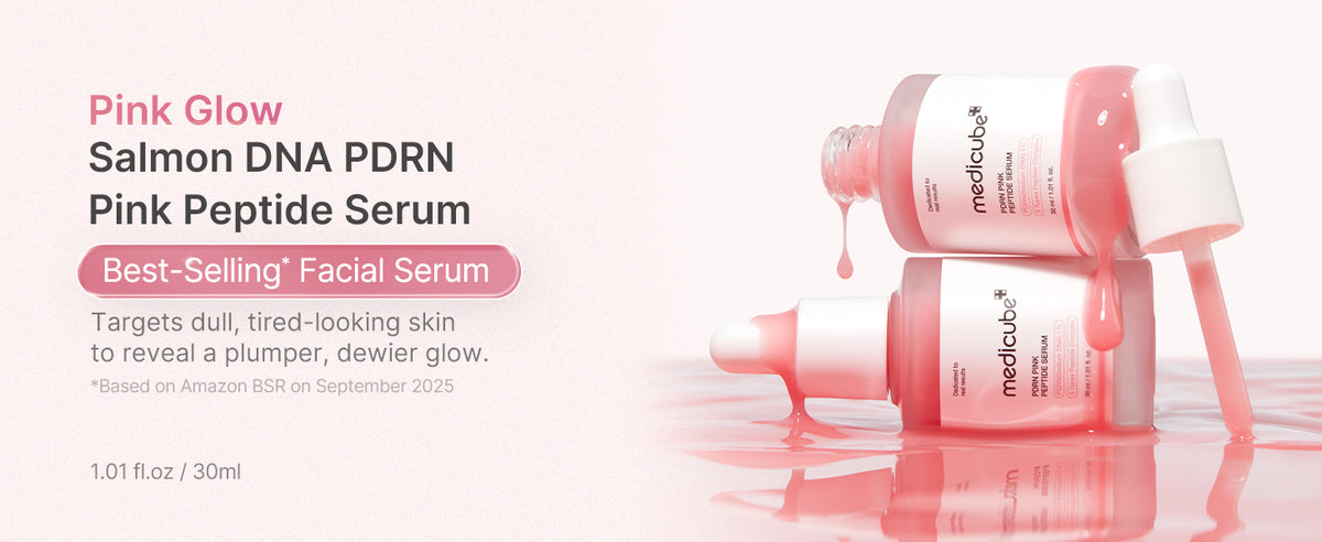 medicube Salmon DNA PDRN Pink Peptide Serum banner with a pink glow headline and product bottles.