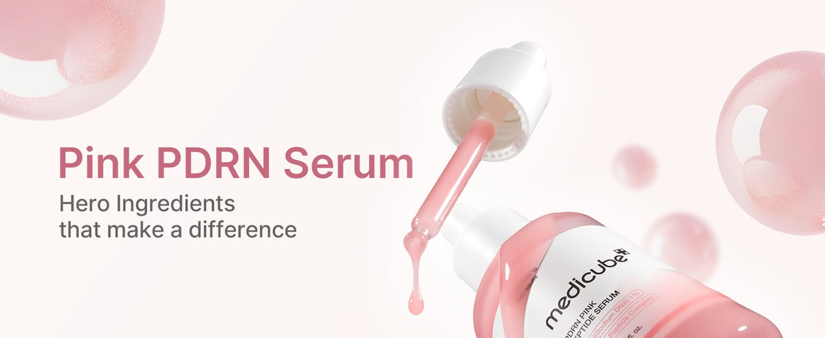 medicube Pink PDRN Serum ingredient banner showing a tipped serum bottle and dropper.