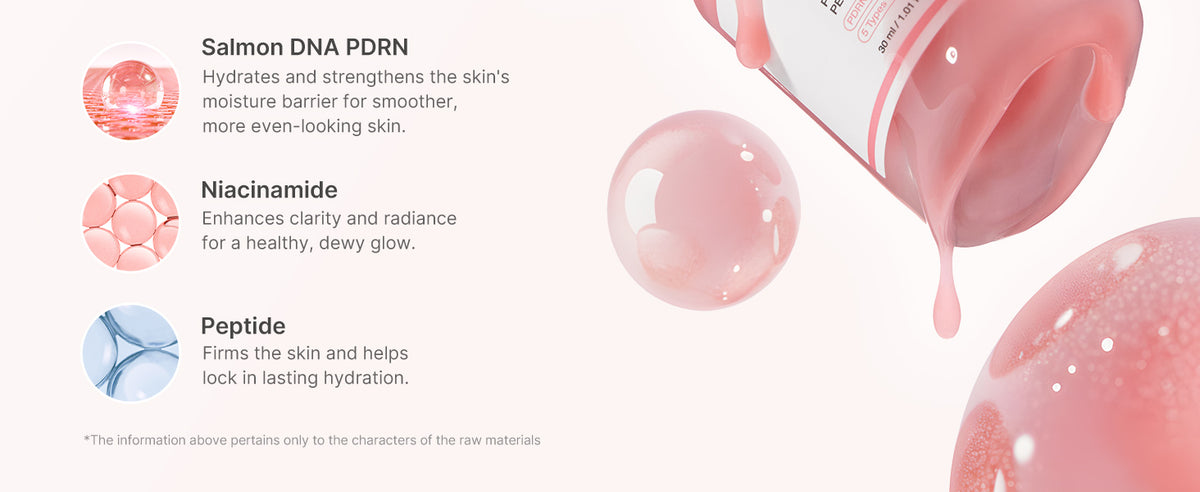 medicube Salmon DNA PDRN serum ingredient panel highlighting Salmon DNA PDRN, niacinamide, and peptides.