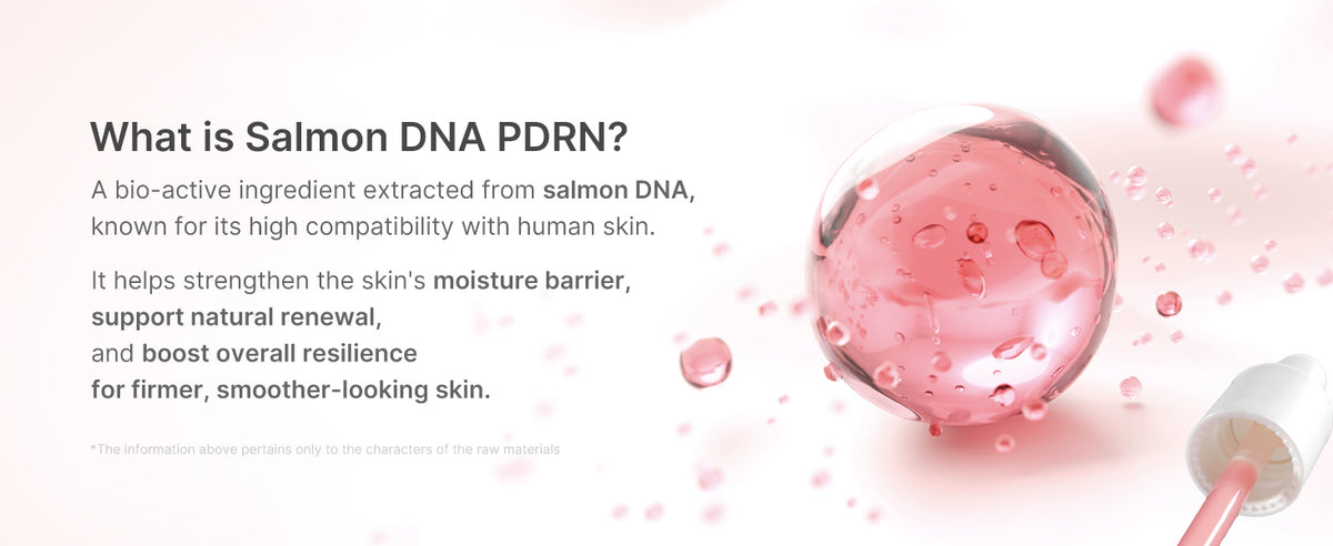 medicube Salmon DNA PDRN explainer panel describing Salmon DNA PDRN and its role in hydration and firm-looking skin.
