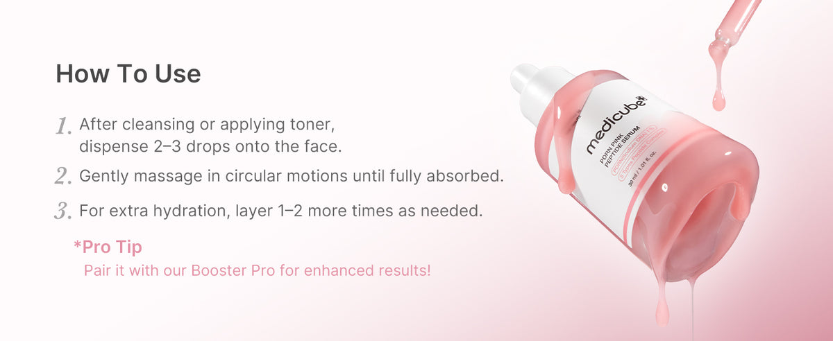 medicube Salmon DNA PDRN serum how-to-use panel showing numbered application steps after cleansing or toning.