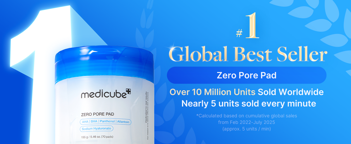 medicube Zero Pore Pad 2.0 blue banner with jar and global best seller claim