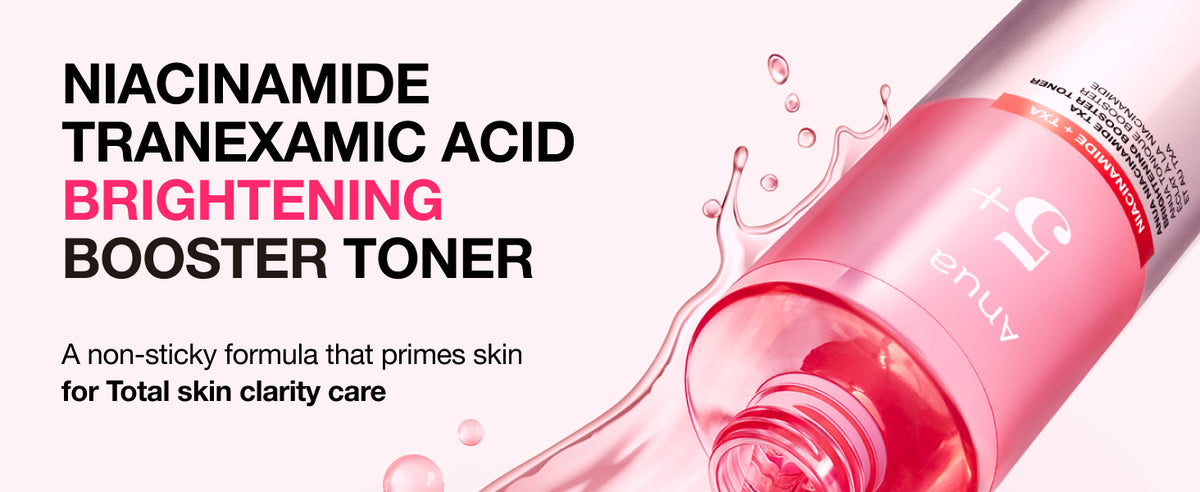 ANUA Niacinamide TXA Brightening Booster Toner bottle pouring pink liquid, with a non-sticky skin-prep panel.
