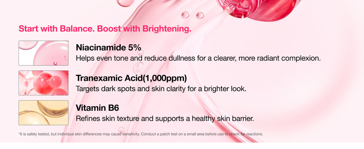 ANUA brightening toner ingredient panel highlighting 5% niacinamide, 1,000 ppm tranexamic acid and vitamin B6.