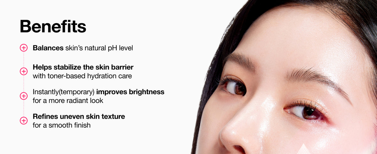 Model beside ANUA toner benefits panel describing pH balance, hydration, skin-barrier care, brightness and smoother texture.