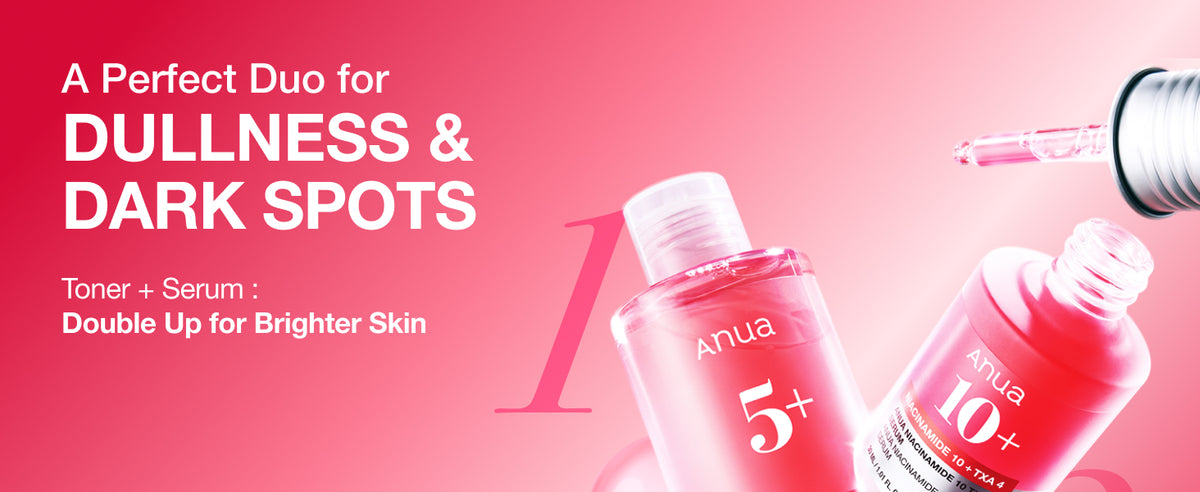 ANUA Niacinamide TXA toner and serum duo for dullness and dark-spot care, with pink liquid and a serum dropper.