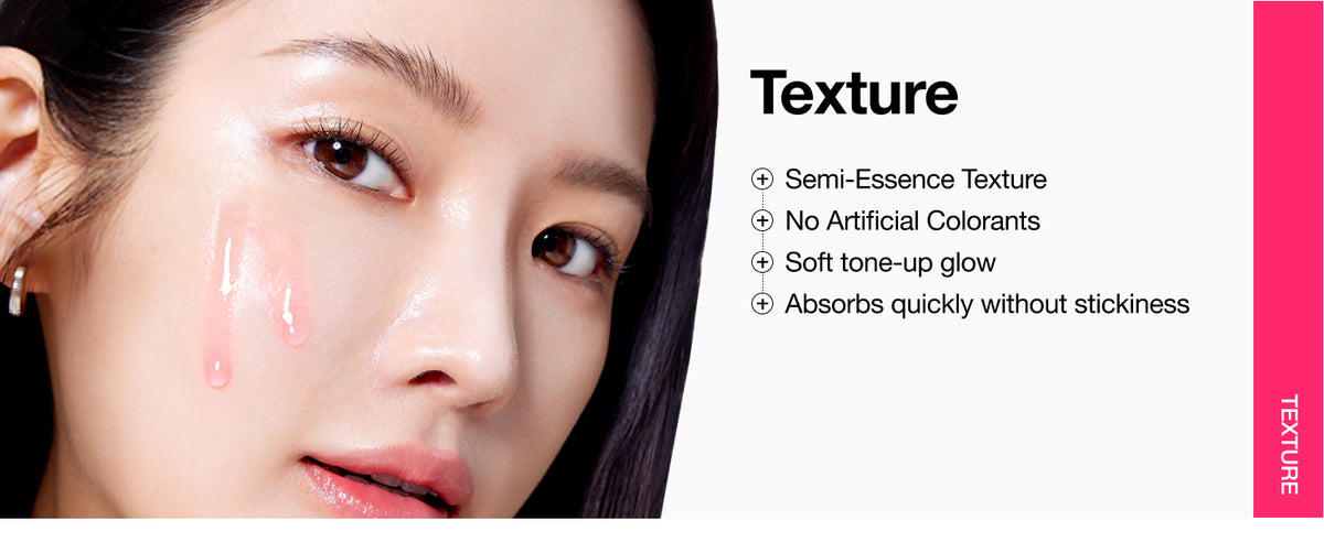 Model with pink ANUA toner on her cheek; panel describes semi-essence texture, a soft glow and non-sticky absorption.