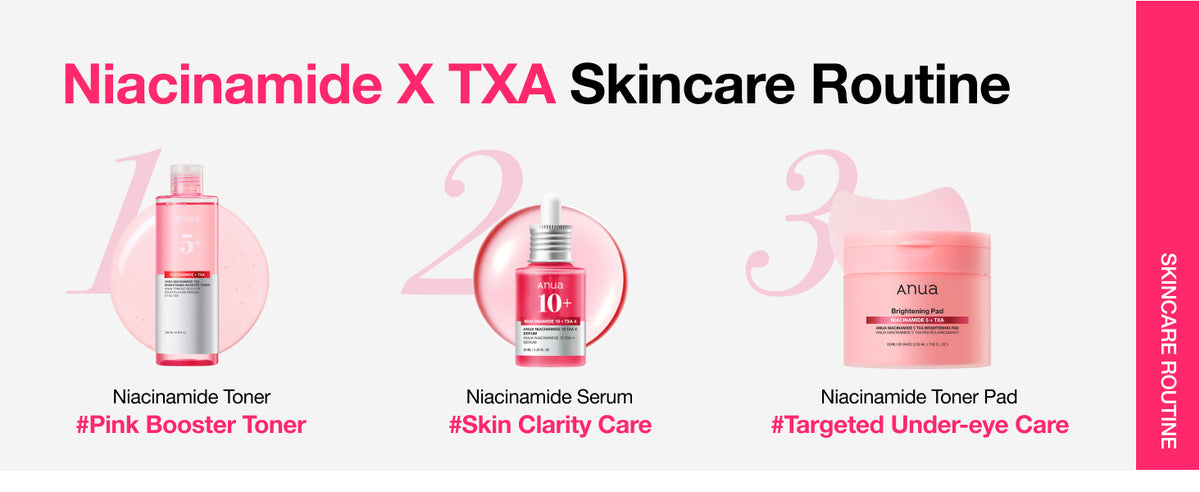 ANUA Niacinamide TXA skincare routine showing brightening booster toner, niacinamide serum and niacinamide toner pads.