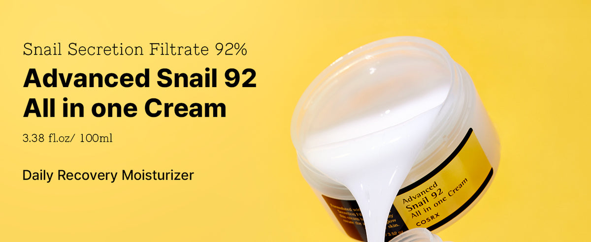 Yellow introduction graphic for COSRX Advanced Snail 92 All in One Cream with an open jar and stretchy white cream.