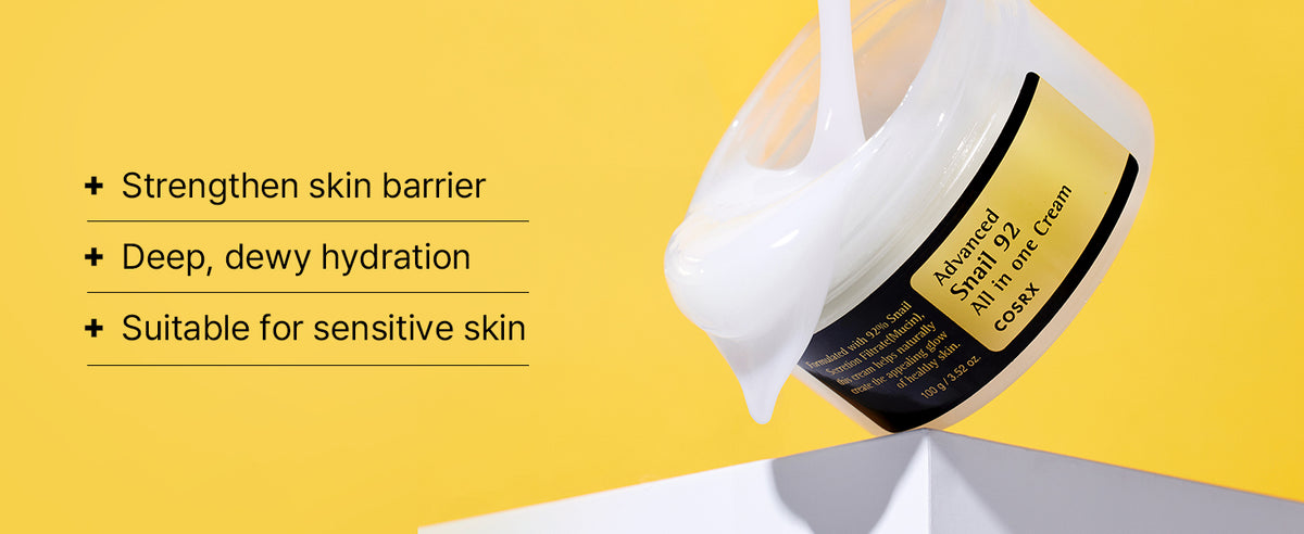 COSRX Snail 92 cream jar with stretchy white cream above a pedestal, beside hydration, skin-barrier and sensitive-skin messages.