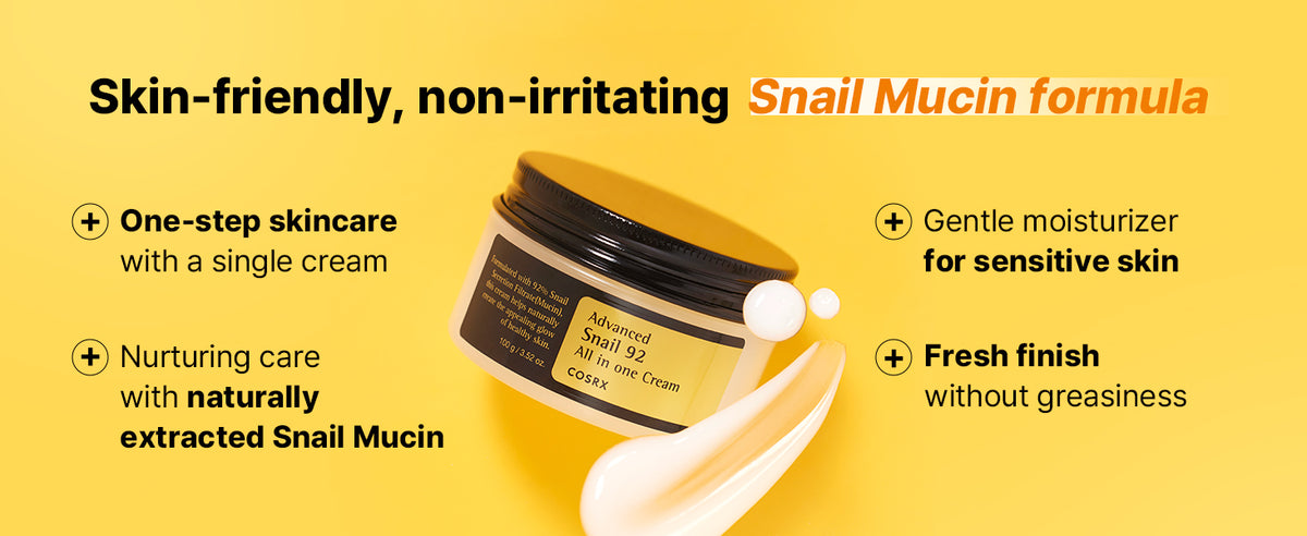 COSRX Snail 92 cream formula graphic with a jar and cream swatch, highlighting snail mucin, daily moisturizing and a fresh finish.