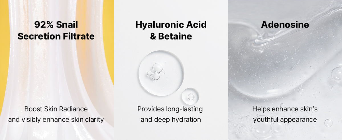 Three ingredient panels for COSRX Snail 92 cream, featuring 92% snail secretion filtrate, hyaluronic acid and betaine.