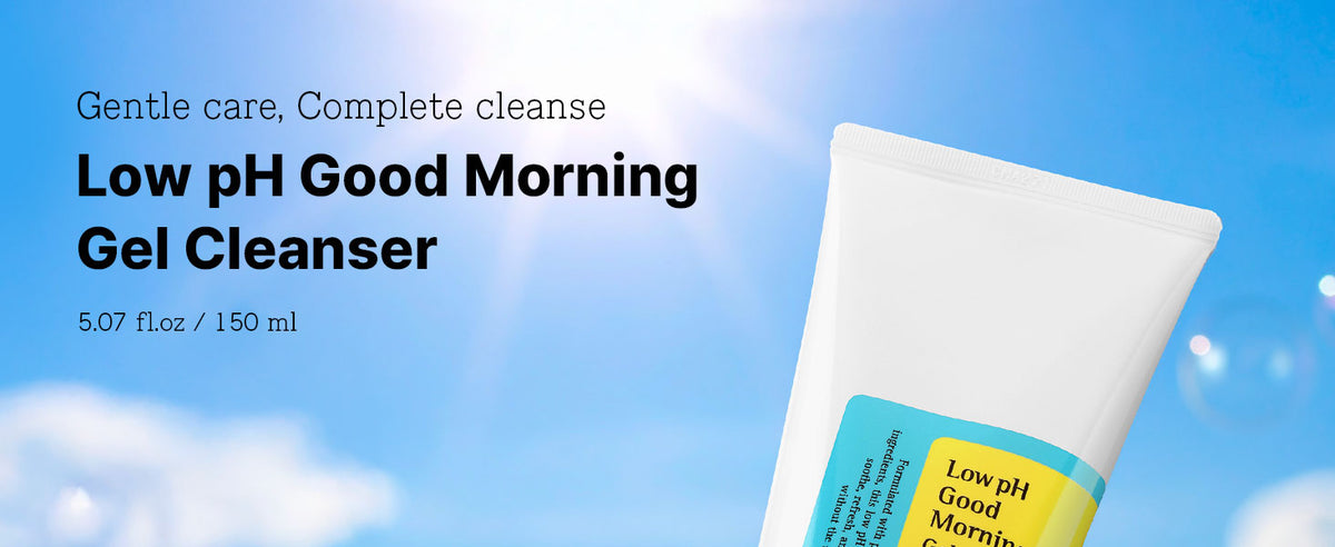 COSRX Low pH Good Morning Gel Cleanser 150ml tube against a blue sky and clouds, with a gentle-cleansing message.
