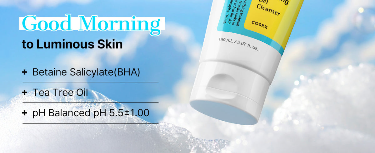 COSRX Low pH Good Morning Gel Cleanser formula highlights listing BHA, tea tree oil and pH 5.5 ± 1.0 above white foam.