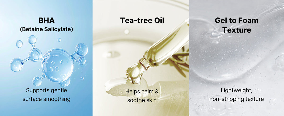 COSRX Low pH Good Morning Gel Cleanser’s BHA, tea tree oil and gel-to-foam texture, shown in three panels.
