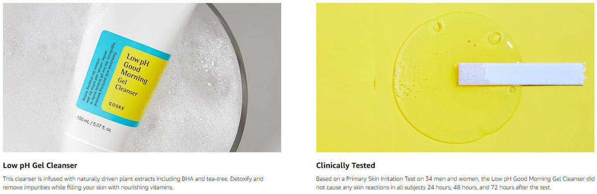 COSRX Low pH Good Morning Gel Cleanser in foam with pH test-strip imagery and a reported 34-person skin irritation test summary.